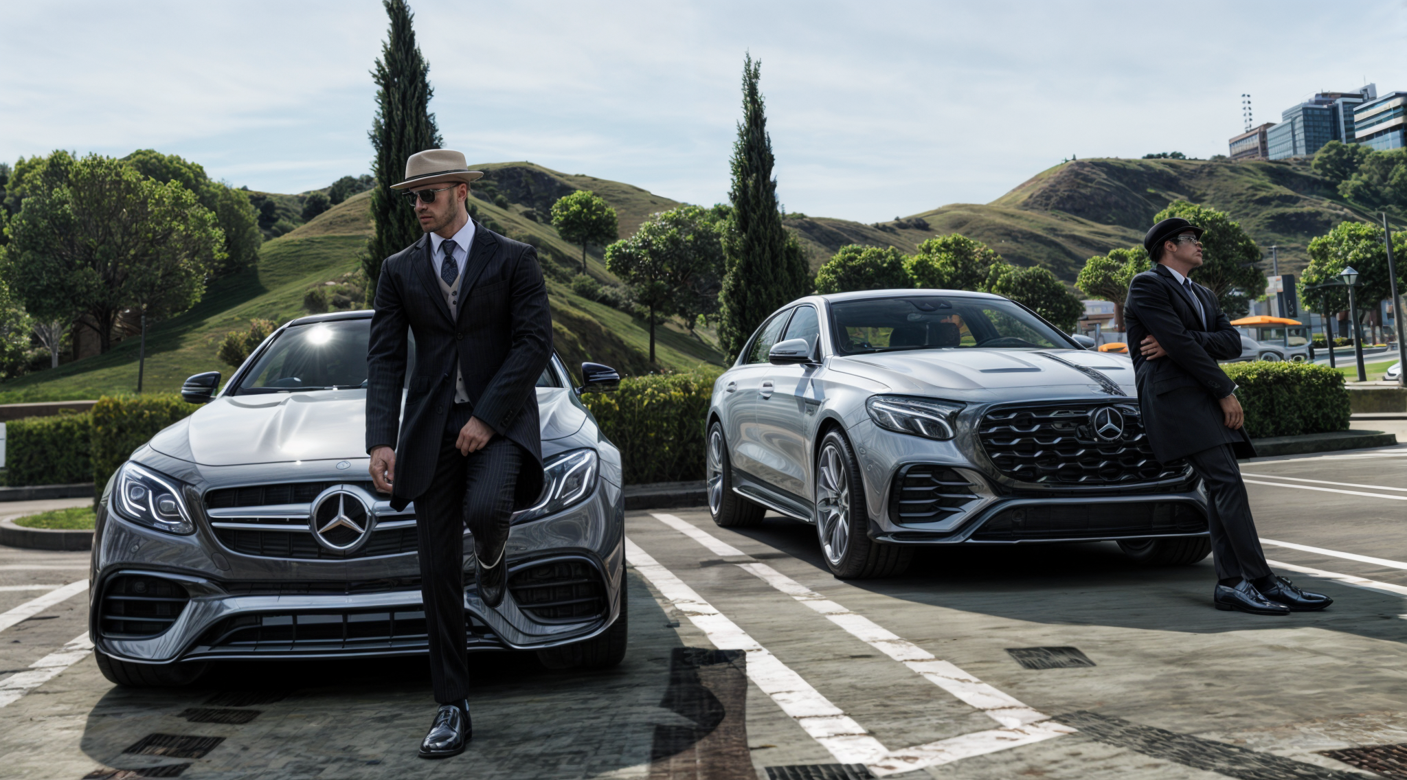 Zwei Männer mit zwei Autos in der Grünen Landschaft