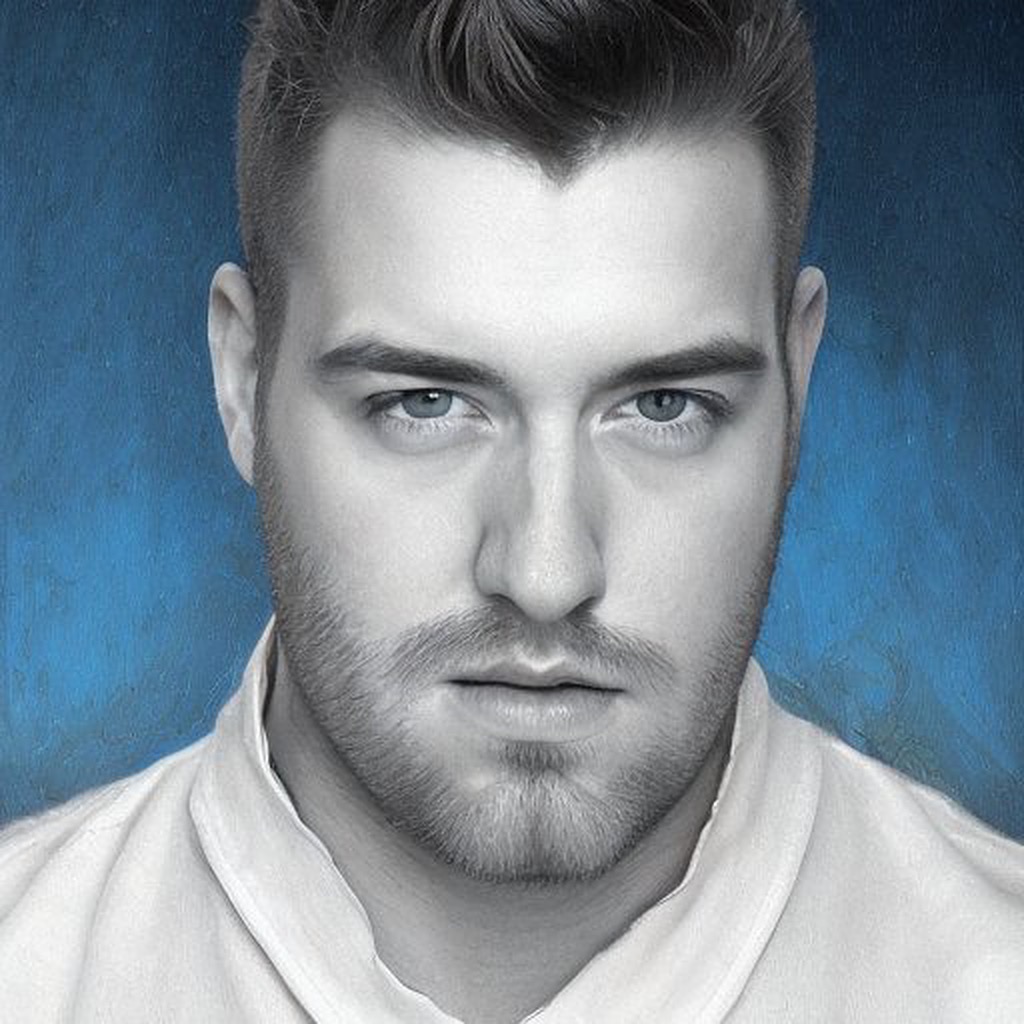 Porträt von Hoellety mit kurzem Haar und Bart, der direkt in die Kamera schaut, vor einem blauen Hintergrund.