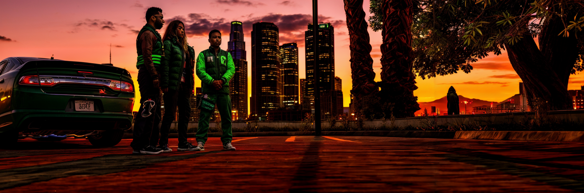 3 Gangster beim Sonnenuntergang auf einem Parkplatz